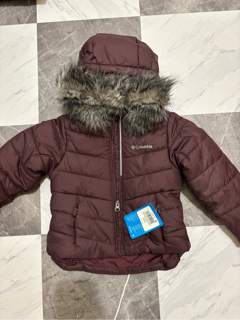 Columbia Girls' Maroon Hooded Puffer Jacket with Faux Fur Trim